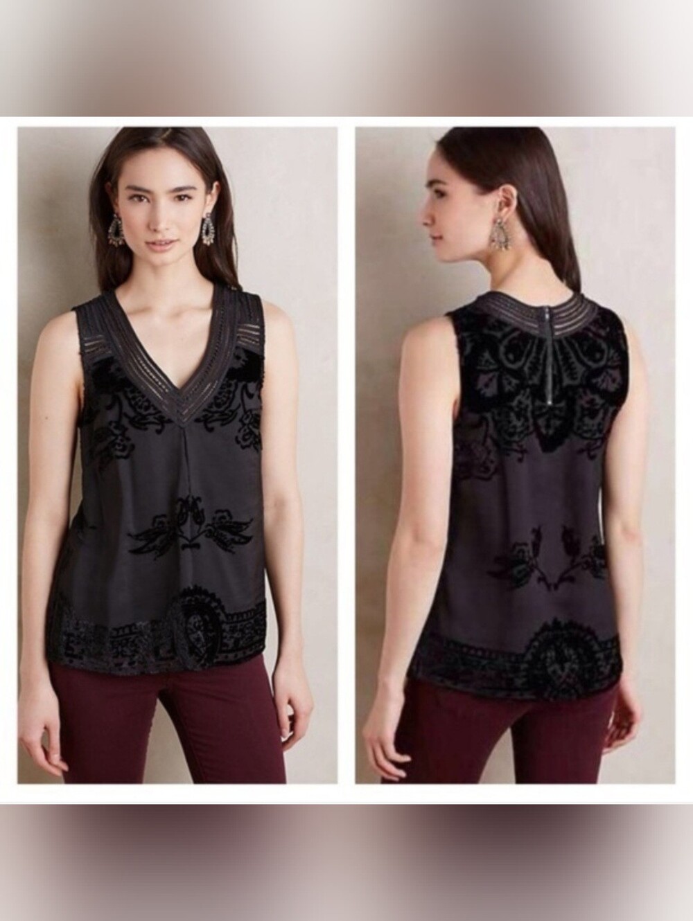 Anthropologie Meadow Rue Sleeveless Layered Sheer Blouse Black Velvet Floral L